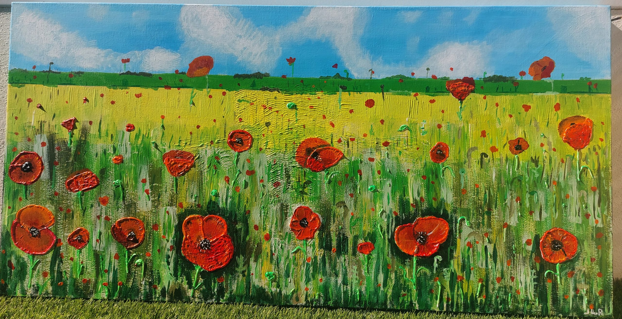 Een schilderij in reliëf van een uitgestrekt grasveld vol felrode klaprozen onder een blauwe lucht met witte wolken.