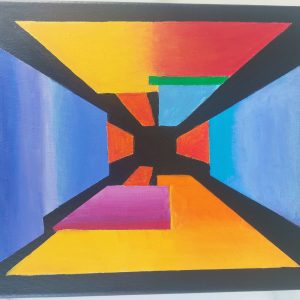 Abstract schilderij met geometrische vormen in felle kleuren zoals geel, rood, blauw, oranje en paars die samenkomen in een zwart, centraal middelpunt, waardoor een sterk perspectief van een tunnel of doorgang ontstaat tegen een zwarte achtergrond.