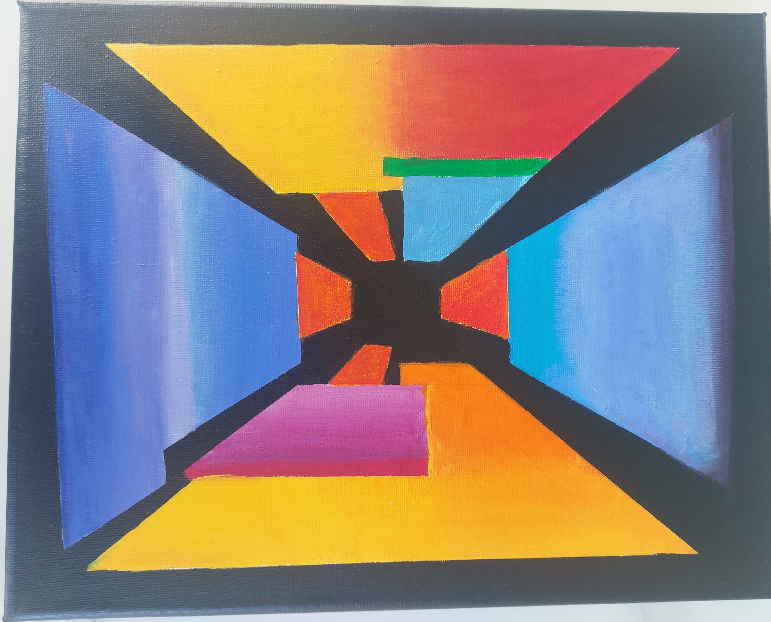 Abstract schilderij met geometrische vormen in felle kleuren zoals geel, rood, blauw, oranje en paars die samenkomen in een zwart, centraal middelpunt, waardoor een sterk perspectief van een tunnel of doorgang ontstaat tegen een zwarte achtergrond.