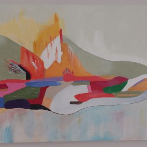 Een liggend figuur in abstracte stijl, uitgevoerd in acrylverf met kleurrijke patronen en een rustige, zachte achtergrond.