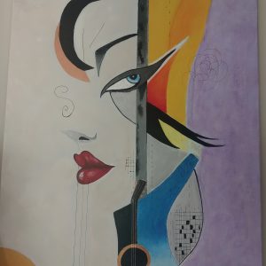 Abstract schilderij met een gestileerd gezicht, intense rode lippen en geometrische vormen, gecombineerd met een muziekinstrument, uitgevoerd in acrylverf.