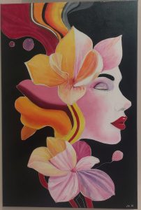 Olieverfschilderij van een vrouwelijk profiel omringd door gestileerde bloemen en kleurrijke, golvende abstracte vormen tegen een zwarte achtergrond.